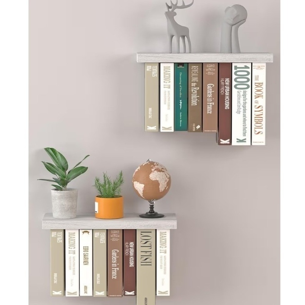 White Floating Book Shelves Set of 2 Wall Mounted Unique Space Saving 16.5in